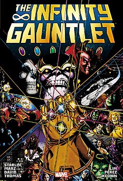 עטיפת החוברת הראשונה בסאגת האינסוף, Infinity Gauntlet #1, מיולי 1991, אמנות מאת ג'ורג פרז.
