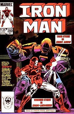 איירון מן ואיירון מונגר, כפי שהופיעו על עטיפת החוברת Iron Man #200 מנובמבר 1985. אמנות מאת מארק ברייט, איאן אקין ובריאן גרבי.