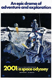 A painted image of four space-suited astronauts standing next to a piece of equipment atop a lunar hill, in the distance is a Moon base and a ball-shaped spacecraft descending toward it – with the earth hanging in a black sky in the background. Above the image appears "An epic drama of adventure and exploration" in blue block letters against a white background. Below the image in a black band, the title "2001: a space odyssey" appears in yellow block letters.