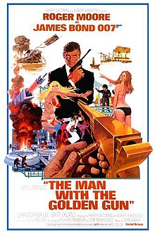 A man in a dinner jacket holding a pistol is in the centre of the picture. Various scenes and images surround him, including two women in bikinis, a midget with a pistol, a car stunt and explosions. At the bottom right, oversized and pointing towards the man in the dinner jacket, is a golden gun, with a hand holding a bullet, about to load the gun. The top of the picture has the words "ROGER MOORE as JAMES BOND 007". At the bottom are the words "THE MAN WITH THE GOLDEN GUN".