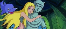 Marina és Ficánka rábukkannak a herceget ábrázoló szoborra