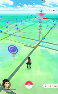A játékosoknak a való világban kell gyalogolniuk a virtuális világ felfedezéséért, ahol a kiterjesztett valóságban PokéStopokat (a kisebb kör (lila, már meglátogatott) vagy négyzet alakú (kék) ikonok) és edzőtermeket (a nagyobb torony) látogathatnak meg