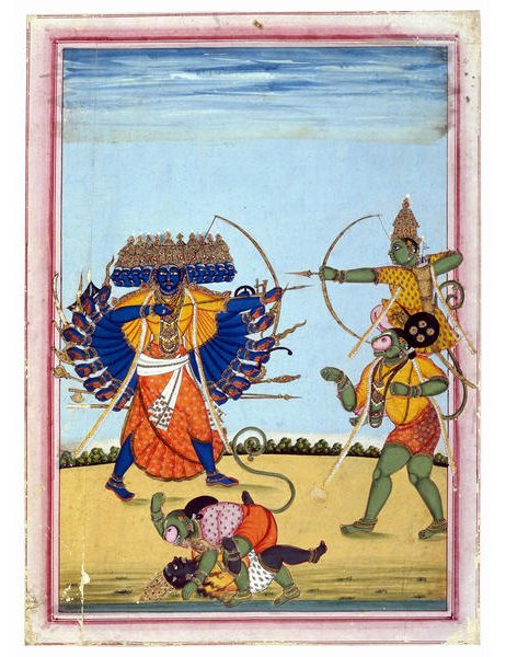 Adegan Rahwana bertarung dengan Rama. Lukisan dari Tamil Nadu, dibuat sekitar abad ke-19.