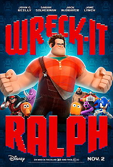 Poster bioskop bergambar protagonis bernama Ralph bersama karakter-karakter permainan video