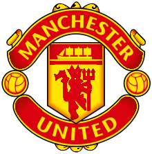 Kata-kata "Manchester" dan "United" mengelilingi panji menampilkan sebuah kapal dengan layar terkembang dan setan memegang trisula.