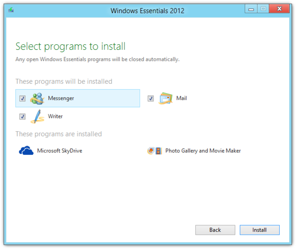 Installer programs. Windows Messenger. Windows Essentials. Windows Live Messenger 2012. Windows Live Essentials 2007.