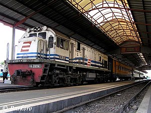 Kereta api Sri Tanjung yang dihela lokomotif CC 201 14R saat berhenti di Stasiun Jombang, sekitar 2009