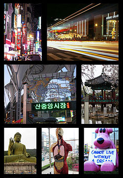 Dari kiri ke kanan: Jalur Shinbu, Terminal, Namsan Public, Samgeori Park, Taejeosan Bronze Buddha, Galeri Patung Arario, Yawoori dream bear
