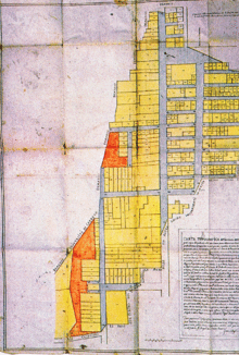 Tavolario del Sacro Regio Consiglio (1742) raffigurante la parte del centro storico edificata sul suolo del dottor Paolo Emilio Magnati.[20]