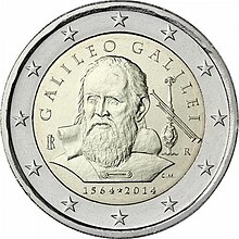 2 euro commemorativi italiani per il 450º anniversario della nascita di Galileo Galilei