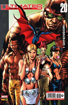 Da sinistra: Power Man, Valchiria, Nighthawk, Giant-Man, Figlio di Satana, Hellcat