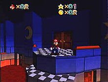 Il castello della Principessa Peach in una versione pre-release di Super Mario 64. Le texture, il layout e le icone sono diverse rispetto alla versione finale del gioco.