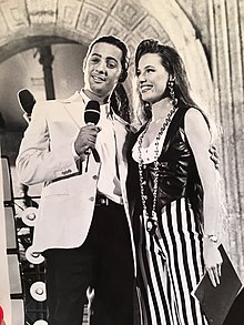 Da sinistra: Fiorello e Federica Panicucci al Festivalbar 1993.