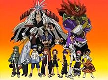 I protagonisti nella serie anime del 2001. Da sinistra: Lyserg, Faust, Horo Horo, Silva, Anna, Yoh, Manta, Ren, Ryu, Tamao e Choco. In secondo piano da destra gli spiriti custodi Bason e Amidamaru