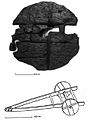 Saggio 2A: Una delle ruote rinvenute nella colmata funzionale all’allargamento dell’isolotto IA e ipotesi ricostruttiva di un carretto.