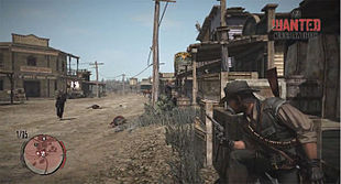 Red Dead Redemption usa un sistema di copertura che permette ai giocatori di nascondersi dietro un oggetto e proteggersi dal fuoco nemico. Inoltre l'indicatore Wanted in alto a destra mostra il tasso di criminalità raggiunto dal protagonista.