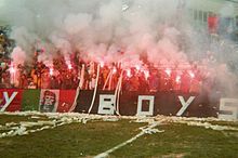 Gli ultras rossoblù nel settore distinti nei primi anni 1980.