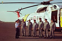 Immagine dell'arrivo a Ciampino del primo HH3-F dell'Aeronautica Militare Italiana, 15º Stormo, il 12 agosto del 1977. Capo equipaggio maggiore Nello Barale, secondo pilota capitano Mazzucco