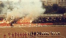 Lo stadio Palmintelli durante una partita della Nissa, anni ottanta
