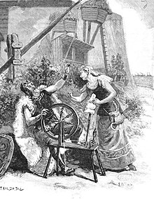 stage scene depicting old man at spinning wheel, talking to a young woman; both are in ancient Anglo-Saxon dress