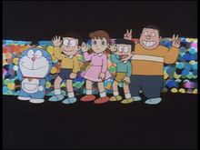 I protagonisti di Doraemon nella serie anime del 1979. Da sinistra a destra: Doraemon, Nobita, Shizuka, Suneo e Gian.