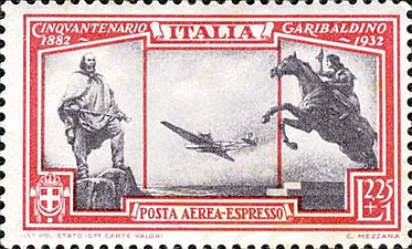 Почтовая марка Итальянского королевства 1932 года к пятидесятилетию Гарибальди - первая в мире экспресс-почтовая марка -