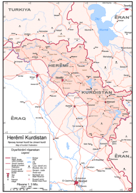 Sînorê fermî ê Hêrêma Kurdistanê îro û herêmên Kurdistanê ên derveyî desthilatiya kurdî