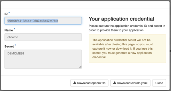 Screenshot of the OpenStack Horizon dialog that shows a just-created application credential