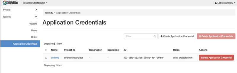 Screenshot of the Application Credentials tab on OpenStack Horizon
