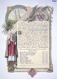 Bīskaps T. Volfs fon Līdinghauzens (pa kreisi). Augšējā daļā bīskapa baznīca Daugavpilī, augšā pa labi - bīskapa ģerbonis (no albuma Terra Mariana, 1888)