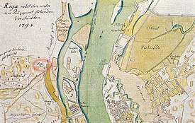 Zasumuiža (Sassenhof) 1798. gada Rīgas priekšpilsētu kartē (Broce). Apvilkta Zasumuižas dzirnavu muižiņas vieta