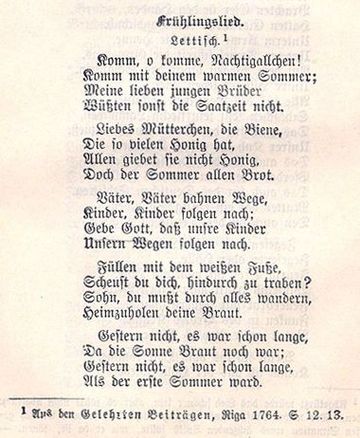 Latviešu tautasdziesmu tulkojums no Gelehrte Beiträge (1764)