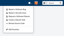 Favorites menu including several default options: Report Security Issues, Create Task, Browse Source Code, Browse Events, and "Edit Favorites"