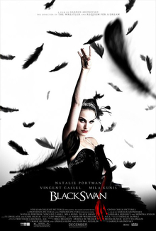 The poster for the film shows Natalie Portman with white facial makeup, black-winged eye liner around bloodshot red eyes, and a jagged crystal tiara.