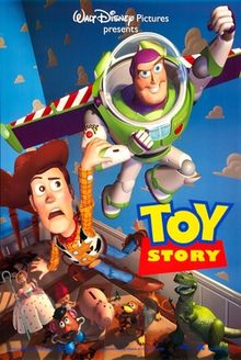 Film poster showing Woody anxiously holding onto Buzz Lightyear as he flies in Andy's room. Below them sitting on the bed are Bo Peep, Mr. Potato Head, Troll, Hamm, Slinky, Sarge and Rex. In the lower right center of the image is the film's title. The background shows the cloud wallpaper featured in the bedroom.