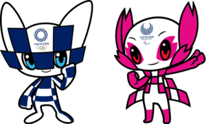 On the left, a humanoid cartoon character with large ears whose body has blue-checkered patterns is pumping its fist. On the right, another humanoid cartoon character with pointy ears whose body has pink checkers is wearing a pink-checkered cape and also pumping its fist.