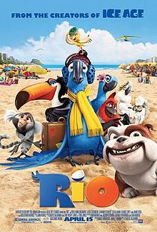 A blue Spix's macaw wearing a yellow scarf is surrounded by other birds and animals from the film. They sit on a sandy beach with beachgoing tourists in the background, facing away. The weather is mostly sunny, with one cloud in the sky. The text reads "From the creators of Ice Age: RIO"