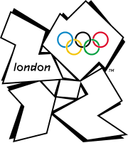 Four abstract shapes placed in a quadrant formation spelling out "2012". The word "London" is written in the shape representing the "2", while the Olympic rings are placed in the shape representing the "0".