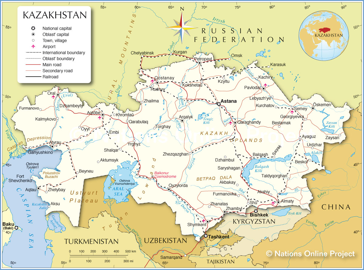 Карта казахстана с городами на русском языке крупно с границей россии