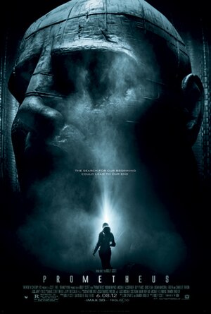 A female figure in silhouette stands before an enormous statue of a humanoid head. Text at the middle of the poster reveals the tagline "The Search For Our Beginning Could Lead To Our End". Text at the bottom of the poster reveals the title, production credits and rating.