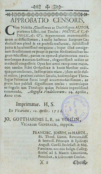 Fișier:Politica catholica, das ist Grosser Herren und Potentaten Vortheile von dem Catholischen Glauben, oder Abgenöthigter Unterricht (...) (Carte veche și manuscris) 2970 05.12.2018 Fond 5B20AEE5ABB74E418B17A0D51CD8C71A.jpg