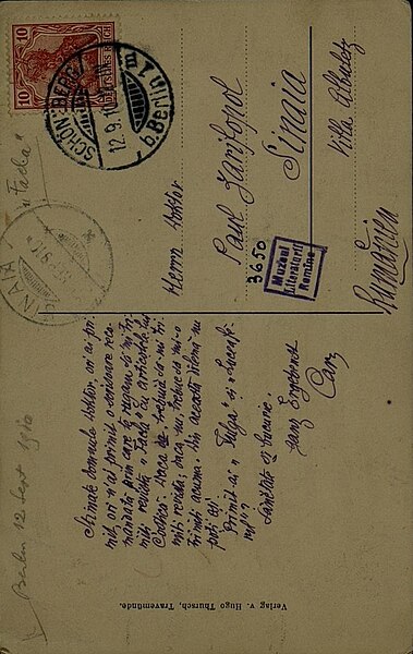 Fișier:Carte poștală adresată, din Berlin (Schöneberg), de I.L. Caragiale lui Paul Zarifopol, aflat la Sinaia (Carte veche și manuscris) 2822 26.03.2021 Fond A6D61EF84B074124938ADE2A89E106E7.jpg