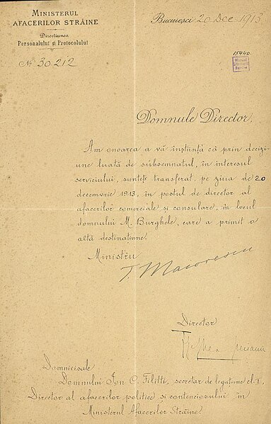 Fișier:Adresă a Ministerului Afacerilor Străine, datată 20 decembrie 1913, București, semnată de ministrul Titu Maiorescu, către Ion C. (...) (Carte veche și manuscris) 2964 05.12.2020 Fond C0A9E11763DE4402B37BA1A4C605E32F.jpg