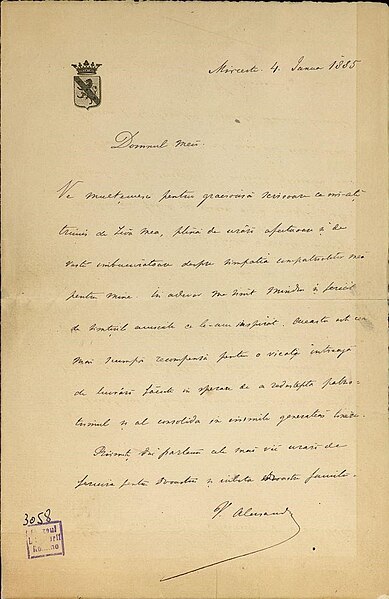 Fișier:Scrisoare datată „4 ianuarie 1885, Mircești”, adresată de Vasile Alecsandri lui Alexandru Radu din Galați (Carte veche și manuscris) 2901 10.09.2019 Fond DDB2C11F550648299078E445ECE43A77.jpg