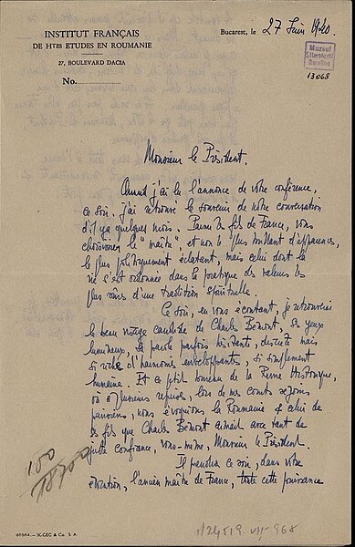 Fișier:Scrisoare datată „27 iunie 1940“, adresată de Alphonse Dupront lui Nicolae Iorga (Carte veche și manuscris) 2434 17.05.2019 Tezaur AE629C63AFC3480DBBACD6BB12F8DD43.jpg