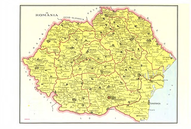 Hartă cu principalele localități din România mare (1936)