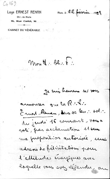 Fișier:Adresată lui A. Vaida Voevod în calitate de mason de către Loja "Ernest Renan" din Paris, 22 februarie 1928 (Documente) 2117 07.03.2008 Fond FC98F8FF19F54340AEF9B58FB333B509.jpg