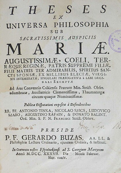 Fișier:Theses ex universa philosophia sub sacratissimis auspiciis Mariae (Carte veche și manuscris) 3173 10.12.2019 Fond 720C8AE0E5B94B399F87944122ABC6A2.jpg