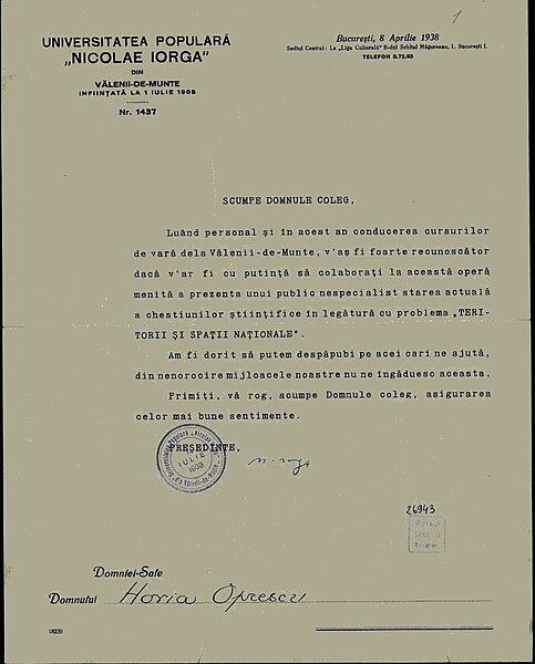 Fișier:Scrisoare datată „8 aprilie 1938, București“, adresată de Nicolae Iorga lui Horia Oprescu (Carte veche și manuscris) 2974 05.12.2018 Fond A9BE71612D374DFC842AA31C0F31F807.jpg