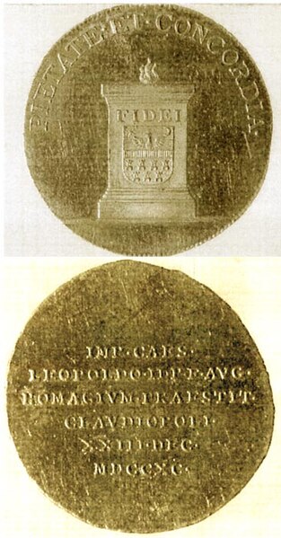 Fișier:Medalie (jeton) dedicată omagiului prestat de Principatul Transilvaniei lui Leopold al II - lea (Medalistică) 2804 16.12.2004 Tezaur 439900EE387B424BA0F9E86DBA0F19D8.jpg